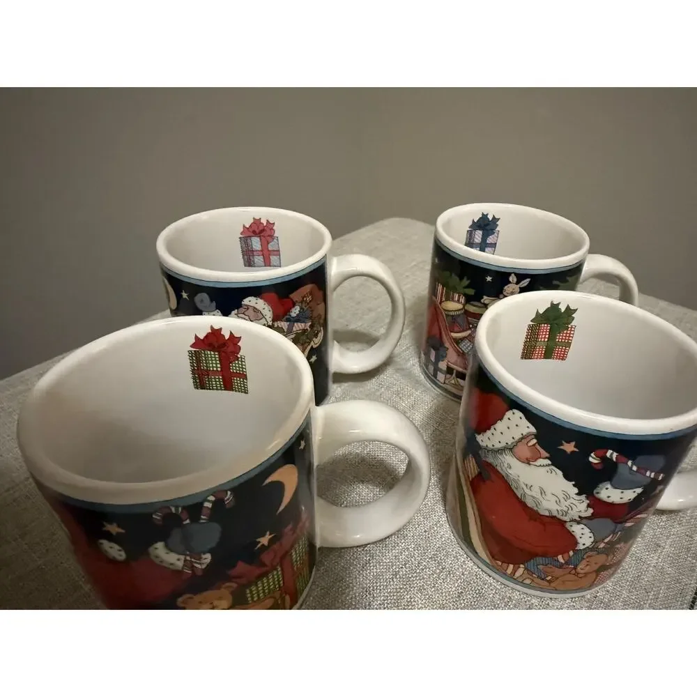 ❄️ Susan Winget Certified International Christmas Mugs Set of 4 Santa Sleigh 4”